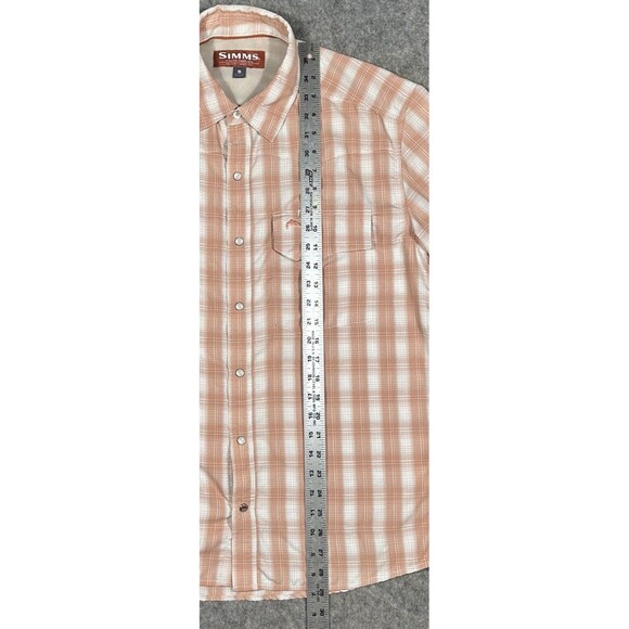 Simms Big Sky Fishing Shirt Men’s S Orange Plaid Pearl Snap Short Sleeve Vented - Picture 10 of 10